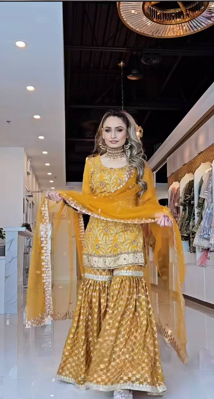 Haldi Special Yellow Color Sequin Embroidery Work Beautiful Sharara Suit