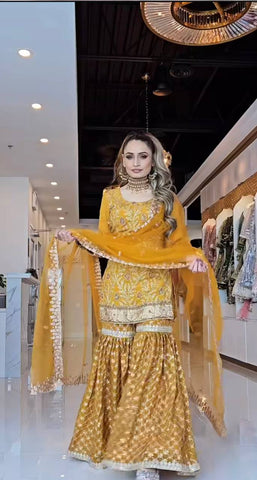 Haldi Special Yellow Color Sequin Embroidery Work Beautiful Sharara Suit