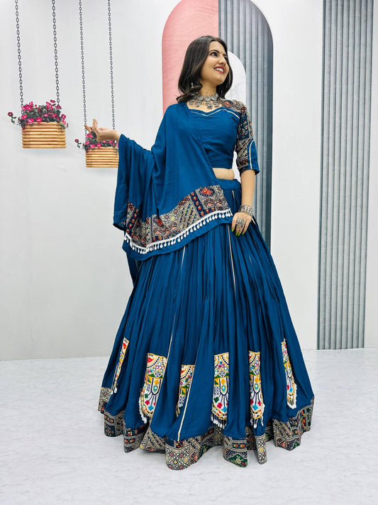 Navratri Special Blue Color Gamthi Embroidery Work Lehenga Choli Set