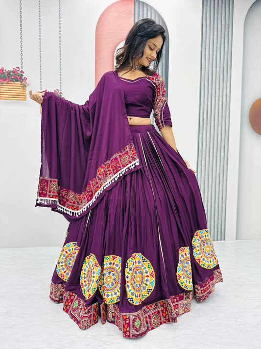 Navratri Special Wine Color Gamthi Embroidery Work Lehenga Choli Set