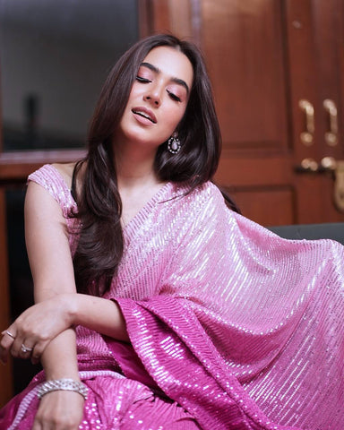 Dual Pink Shaded Beautiful Sequin Embroidery Work Party Wear Saree