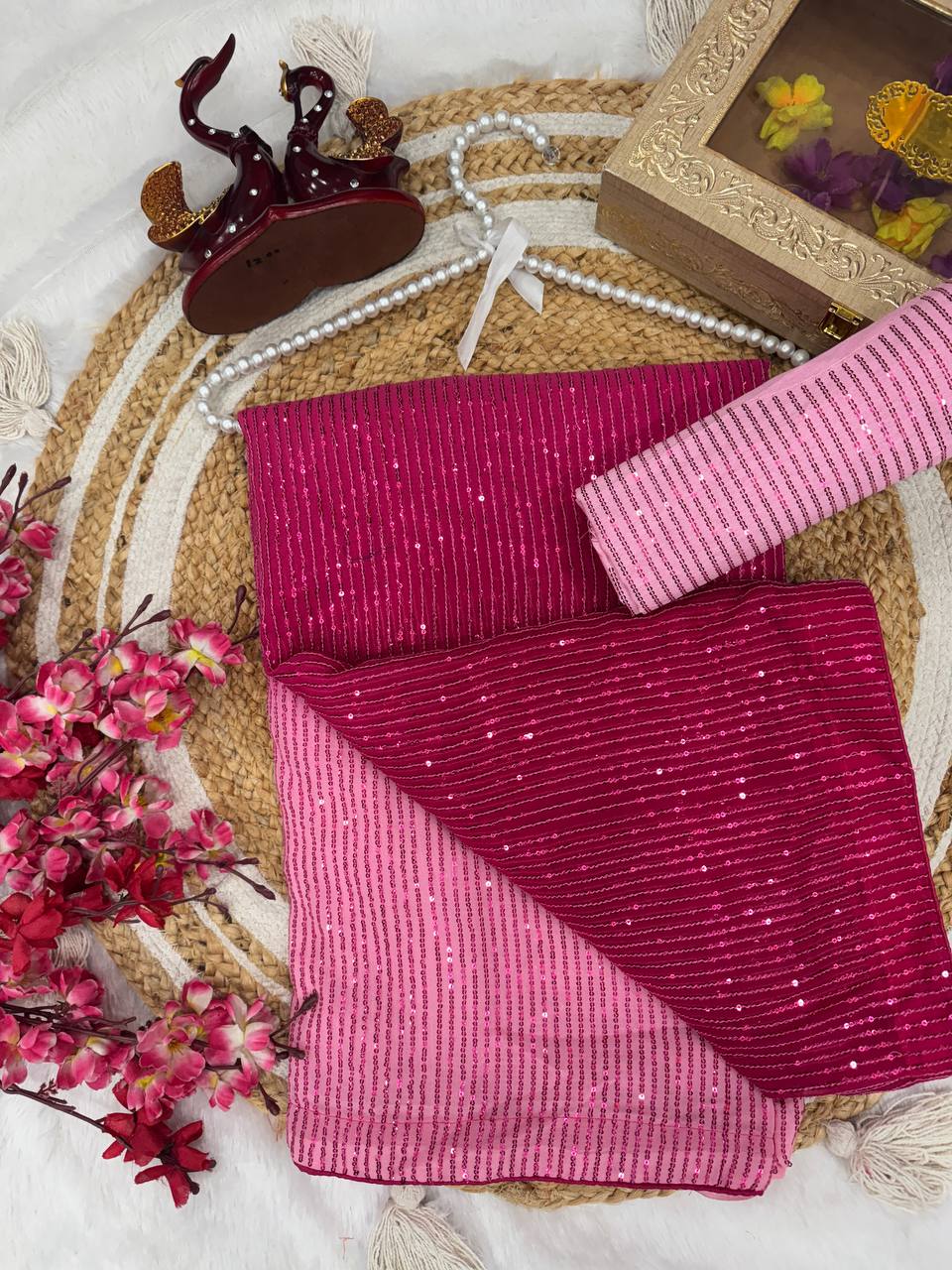 Dual Pink Shaded Beautiful Sequin Embroidery Work Party Wear Saree