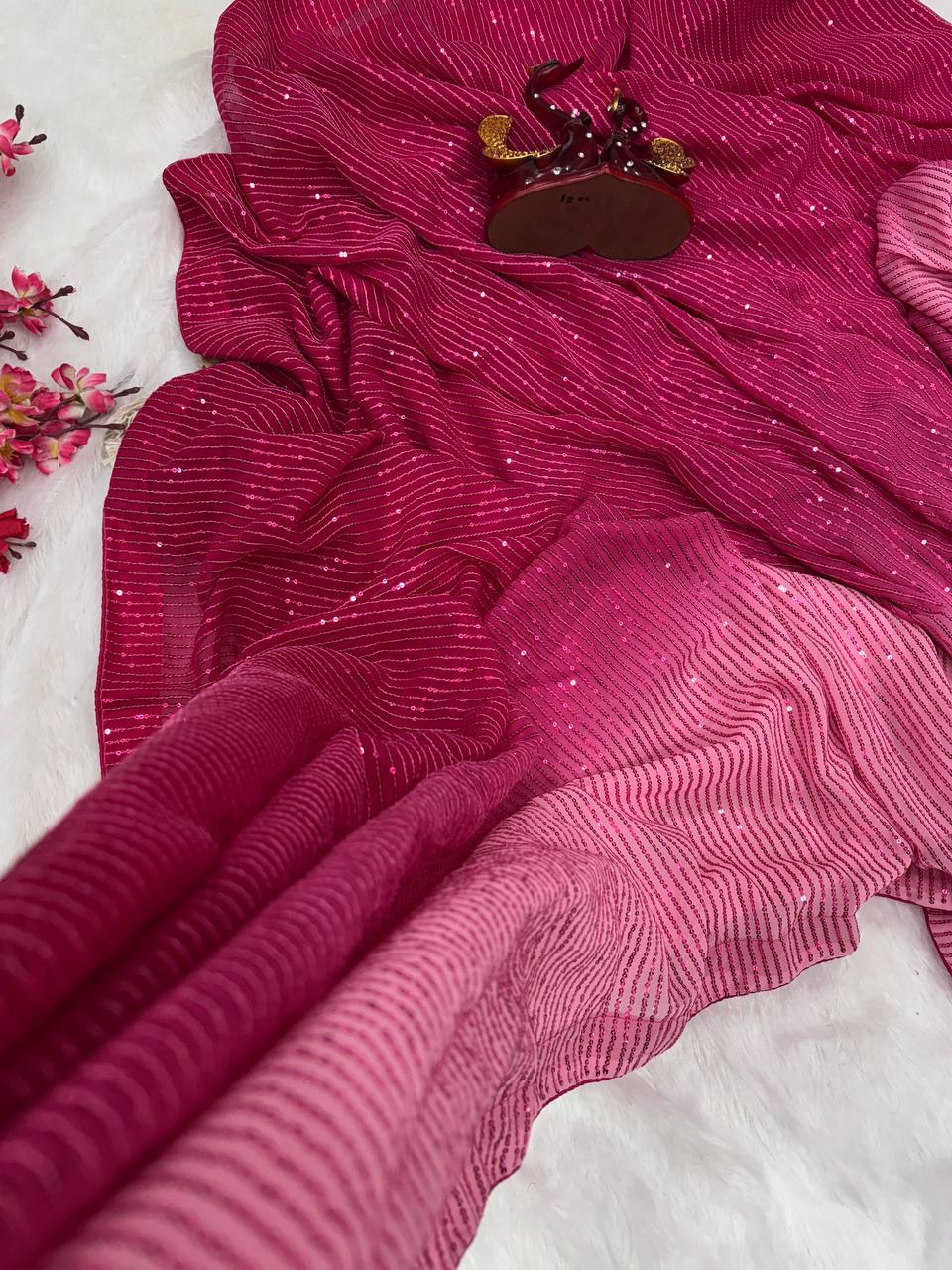 Dual Pink Shaded Beautiful Sequin Embroidery Work Party Wear Saree