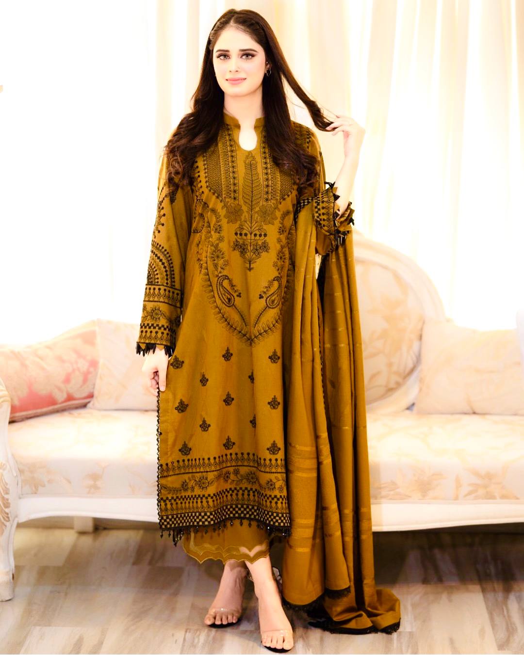 Wedding Wear Mustard Color Embroidery Work Beautiful Salwar Plazzo Suit
