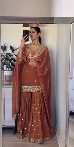 Party Wear Brown Color Embroidered Work Sharara Suit With Dupatta