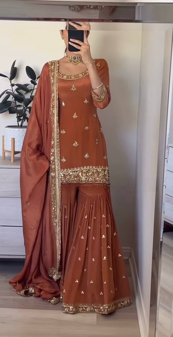 Party Wear Brown Color Embroidered Work Sharara Suit With Dupatta
