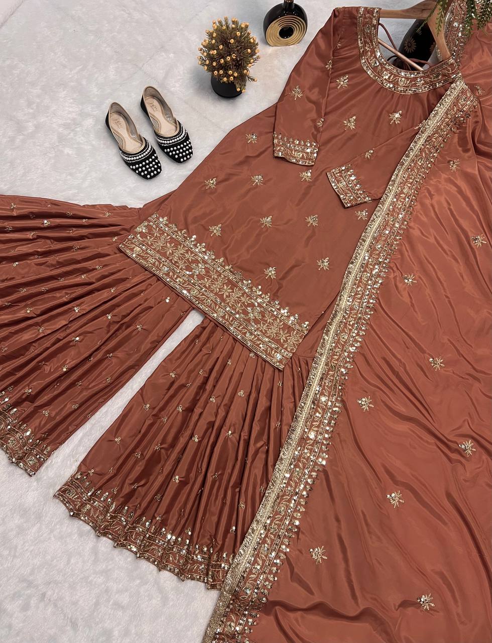 Party Wear Brown Color Embroidered Work Sharara Suit With Dupatta
