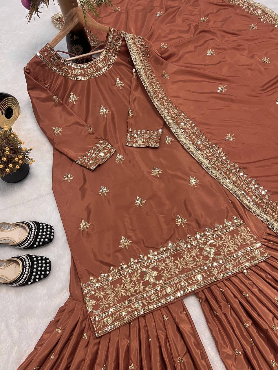 Party Wear Brown Color Embroidered Work Sharara Suit With Dupatta