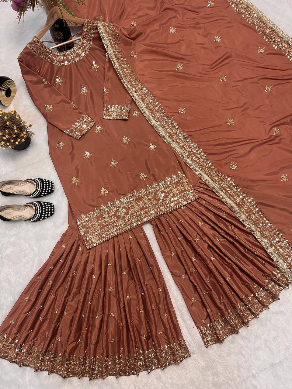Party Wear Brown Color Embroidered Work Sharara Suit With Dupatta
