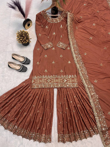 Party Wear Brown Color Embroidered Work Sharara Suit With Dupatta