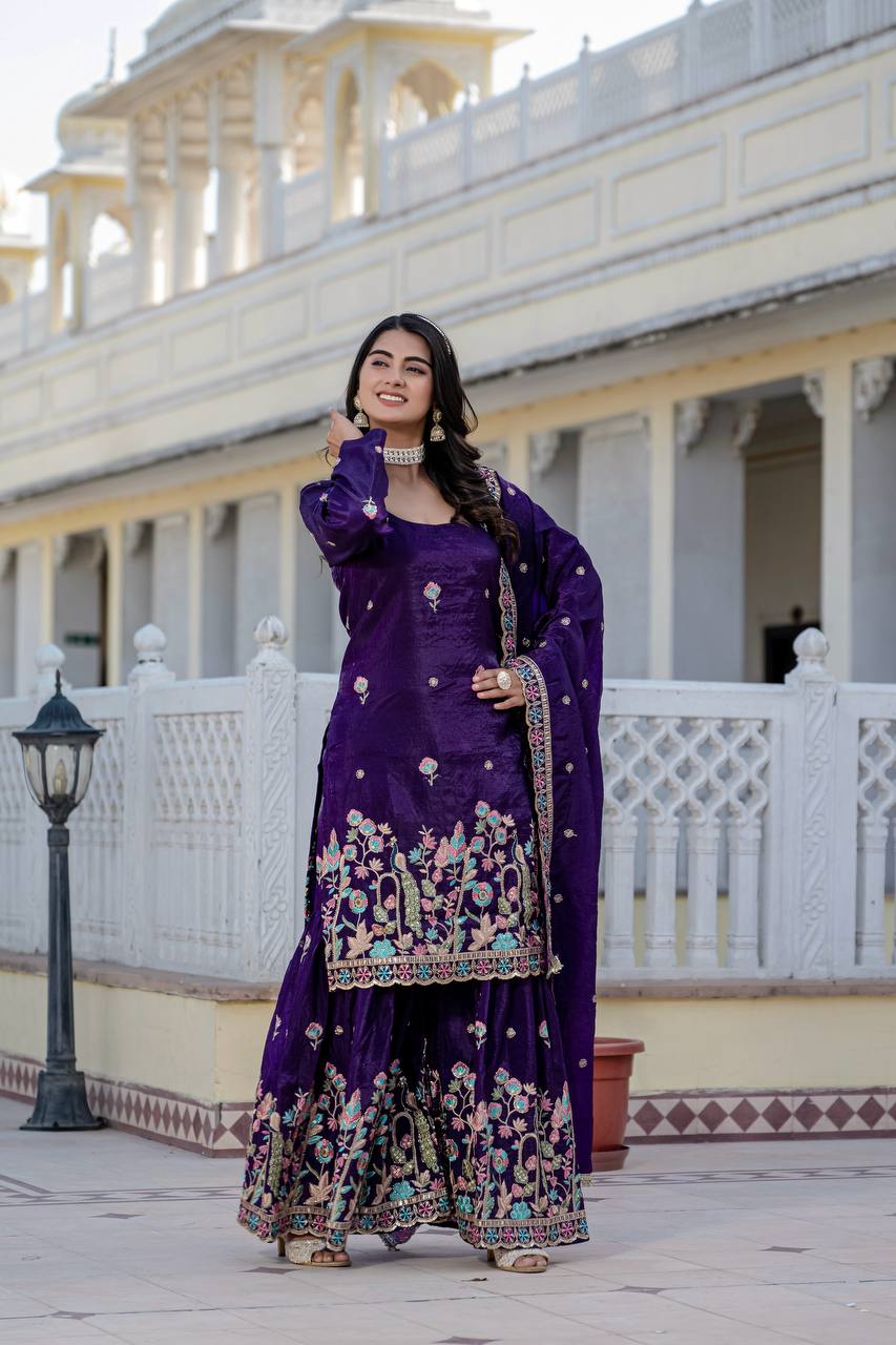 Festival Wear Purple Color Embroidery Work Beautiful Kurti Plazzo Dupatta Set