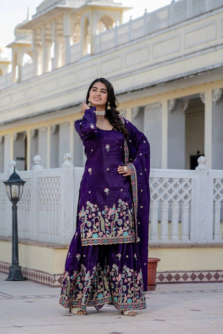Festival Wear Purple Color Embroidery Work Beautiful Kurti Plazzo Dupatta Set