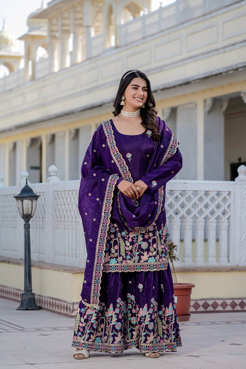 Festival Wear Purple Color Embroidery Work Beautiful Kurti Plazzo Dupatta Set