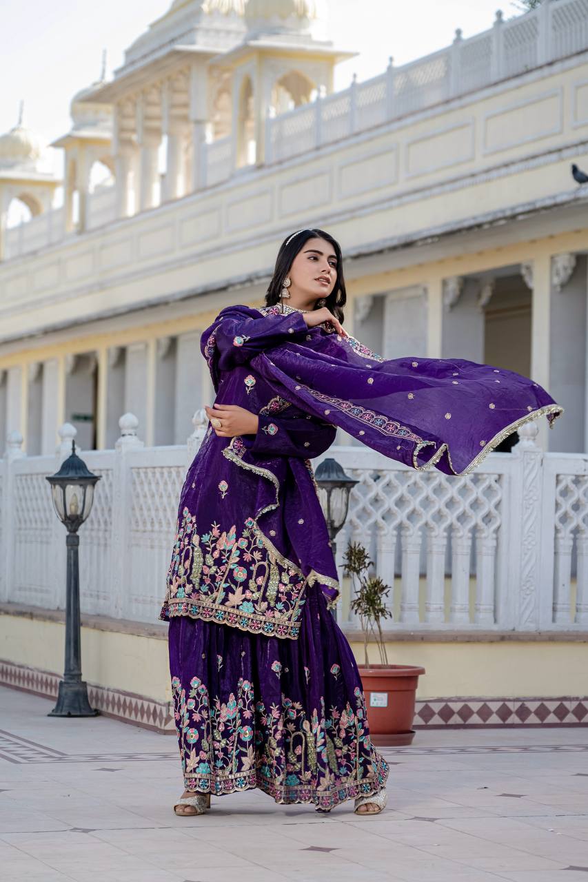 Festival Wear Purple Color Embroidery Work Beautiful Kurti Plazzo Dupatta Set