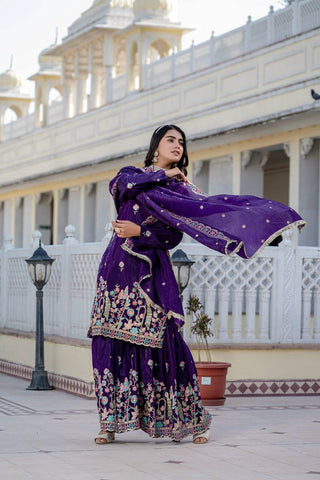Festival Wear Purple Color Embroidery Work Beautiful Kurti Plazzo Dupatta Set