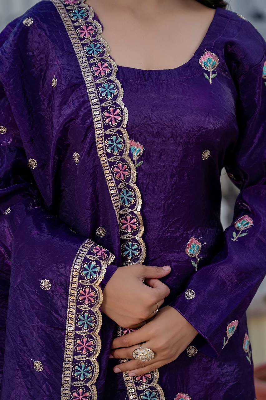 Festival Wear Purple Color Embroidery Work Beautiful Kurti Plazzo Dupatta Set