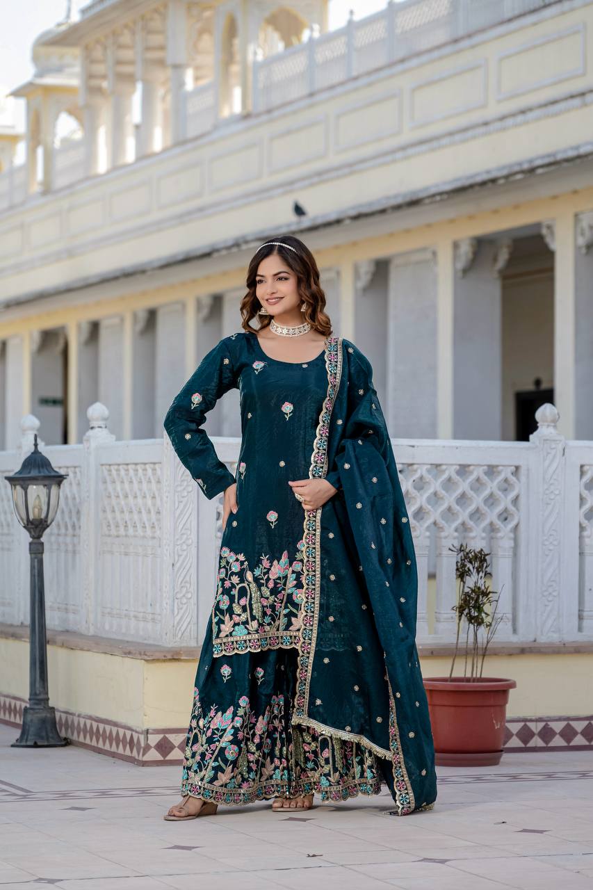 Function Wear Teal Color Embroidery Work Beautiful Kurti Plazzo Dupatta Set