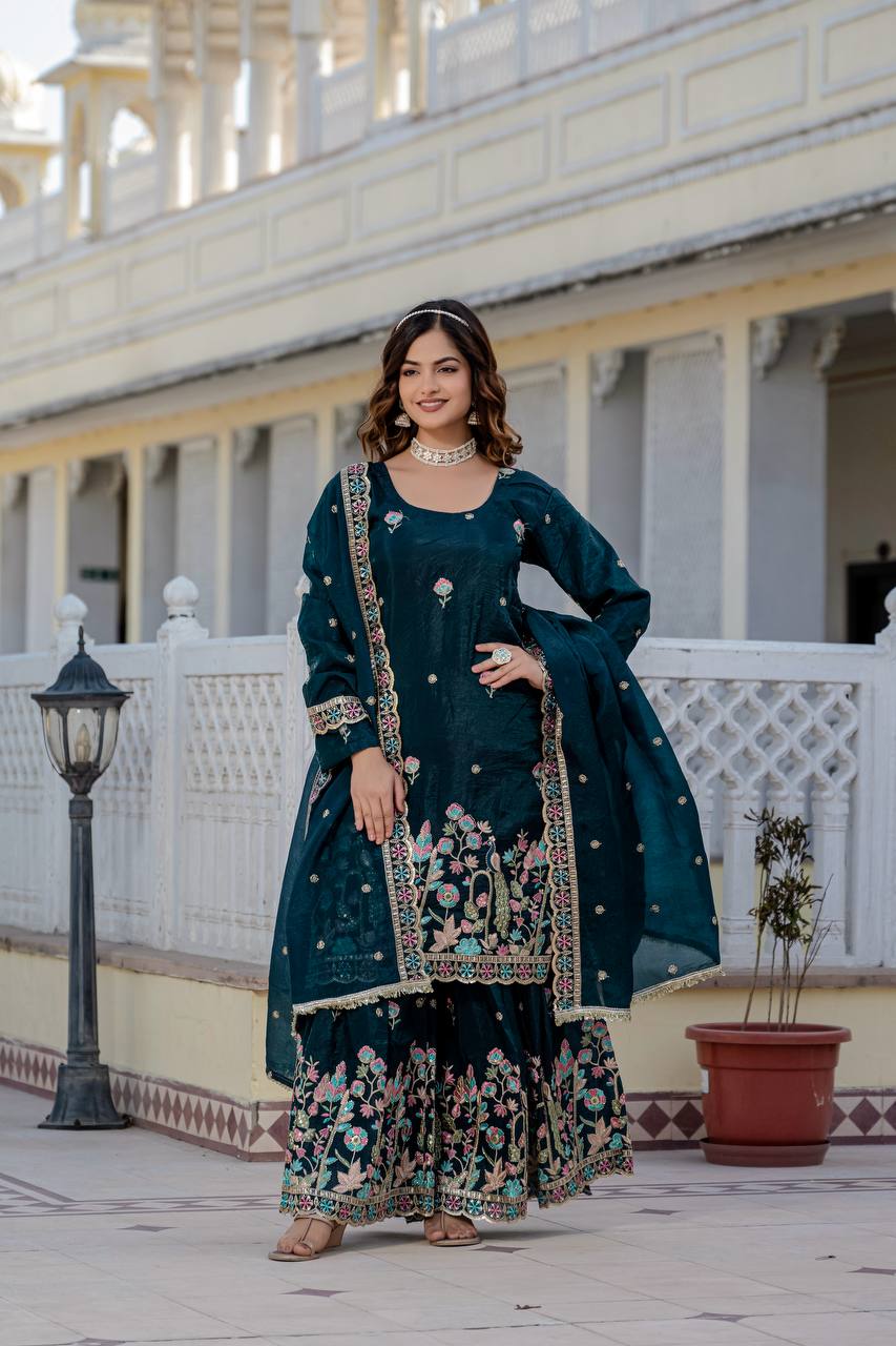 Function Wear Teal Color Embroidery Work Beautiful Kurti Plazzo Dupatta Set