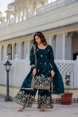 Function Wear Teal Color Embroidery Work Beautiful Kurti Plazzo Dupatta Set