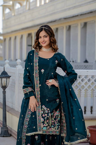 Function Wear Teal Color Embroidery Work Beautiful Kurti Plazzo Dupatta Set