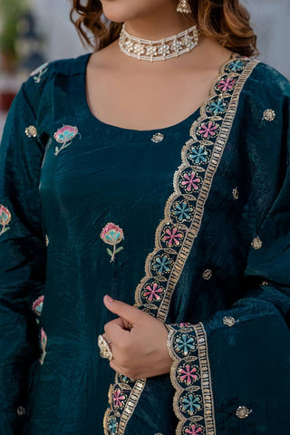 Function Wear Teal Color Embroidery Work Beautiful Kurti Plazzo Dupatta Set