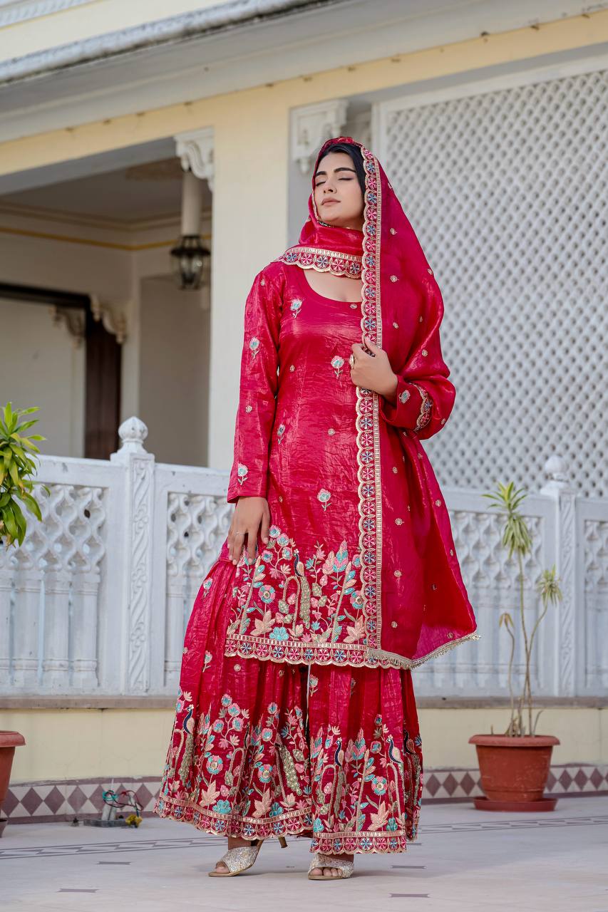 Function Wear Pink Color Embroidery Work Beautiful Kurti Plazzo Dupatta Set