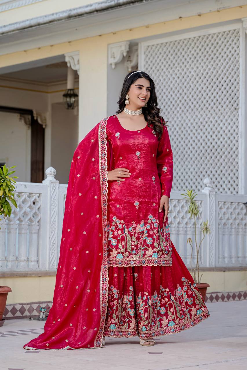Function Wear Pink Color Embroidery Work Beautiful Kurti Plazzo Dupatta Set