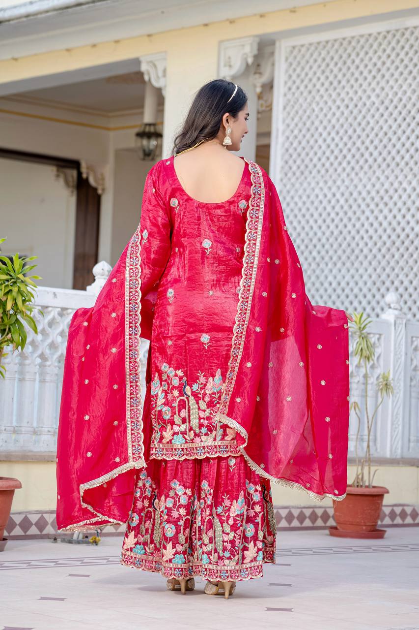Function Wear Pink Color Embroidery Work Beautiful Kurti Plazzo Dupatta Set