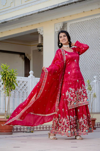 Function Wear Pink Color Embroidery Work Beautiful Kurti Plazzo Dupatta Set