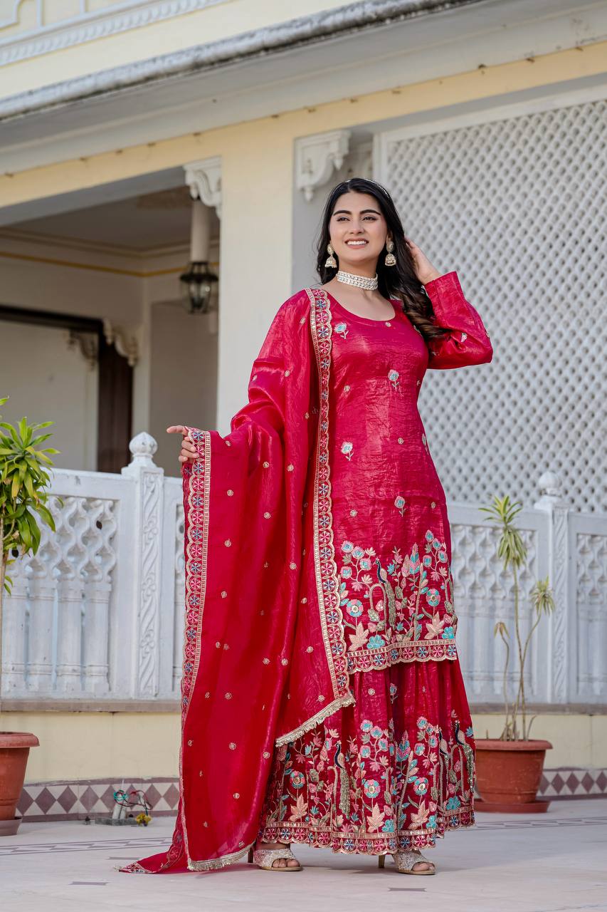 Function Wear Pink Color Embroidery Work Beautiful Kurti Plazzo Dupatta Set