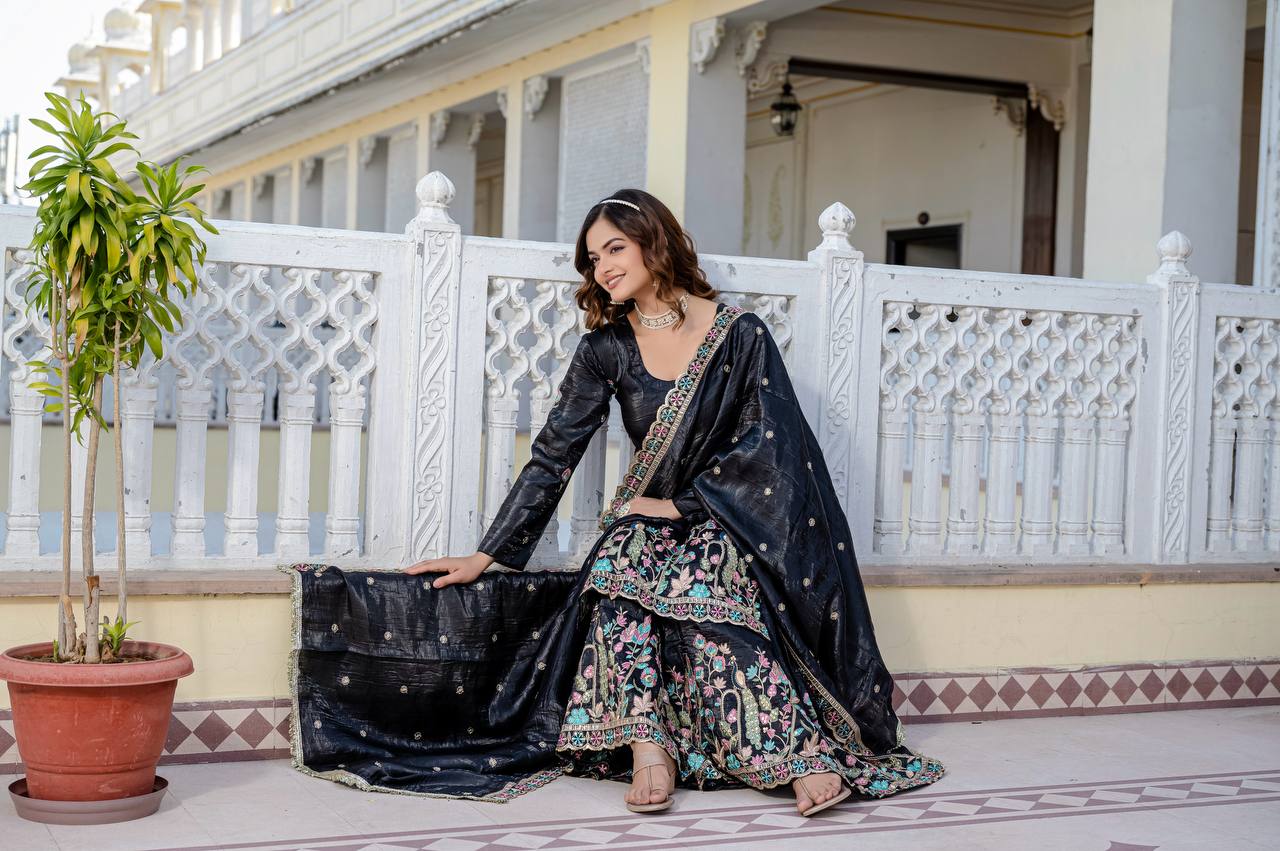 Party Wear Black Color Embroidery Work Beautiful Kurti Plazzo Dupatta Set