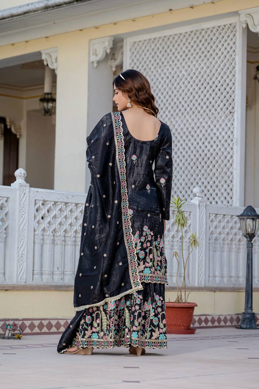 Party Wear Black Color Embroidery Work Beautiful Kurti Plazzo Dupatta Set
