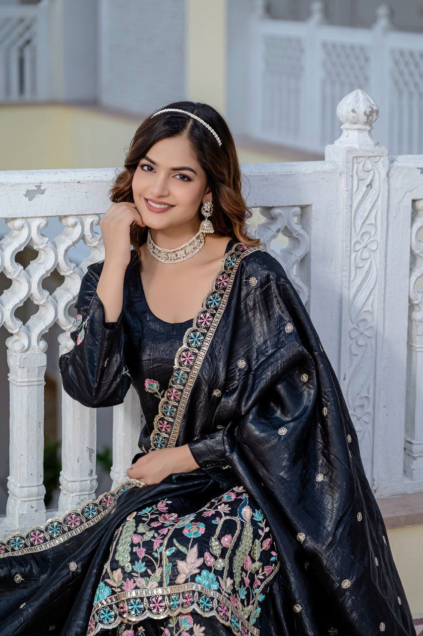 Party Wear Black Color Embroidery Work Beautiful Kurti Plazzo Dupatta Set