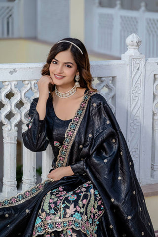 Party Wear Black Color Embroidery Work Beautiful Kurti Plazzo Dupatta Set