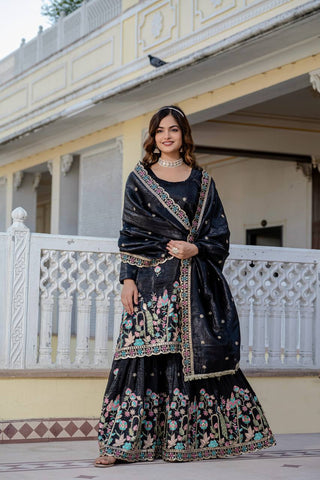 Party Wear Black Color Embroidery Work Beautiful Kurti Plazzo Dupatta Set
