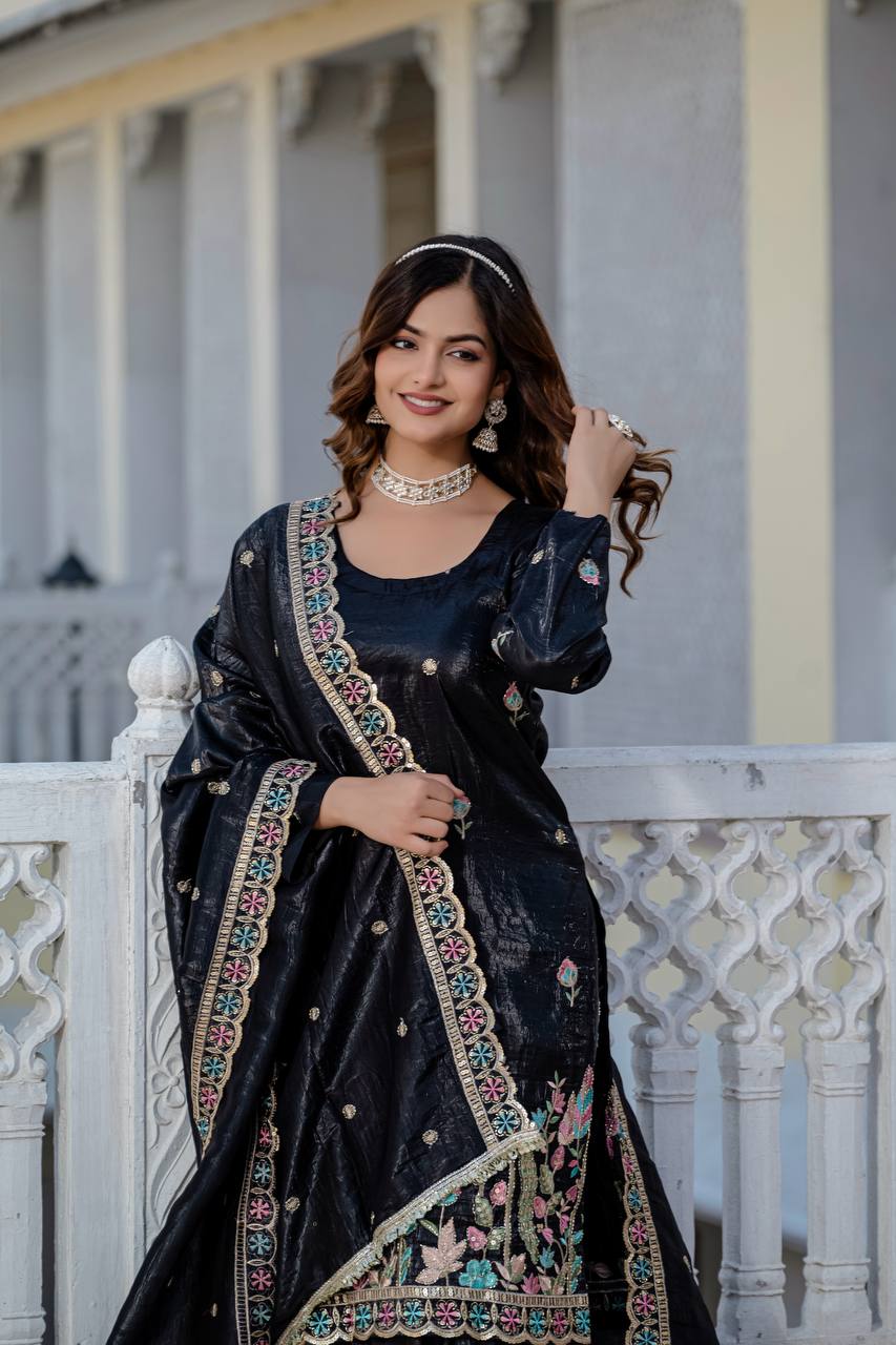 Party Wear Black Color Embroidery Work Beautiful Kurti Plazzo Dupatta Set