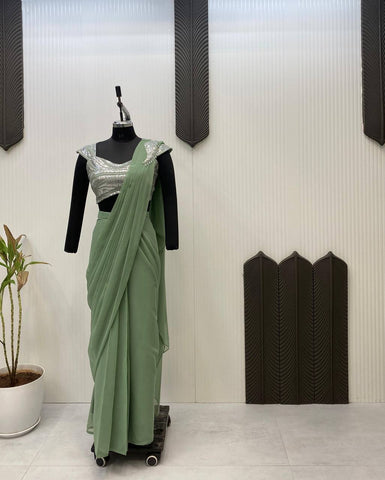 Festive Wear Green Color Sequence Embroidery Work Beautiful Ready To Wear Saree