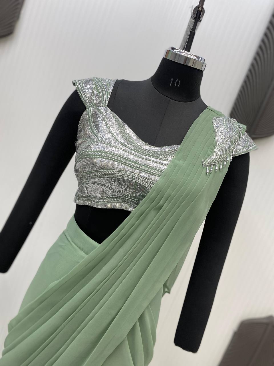 Festive Wear Green Color Sequence Embroidery Work Beautiful Ready To Wear Saree