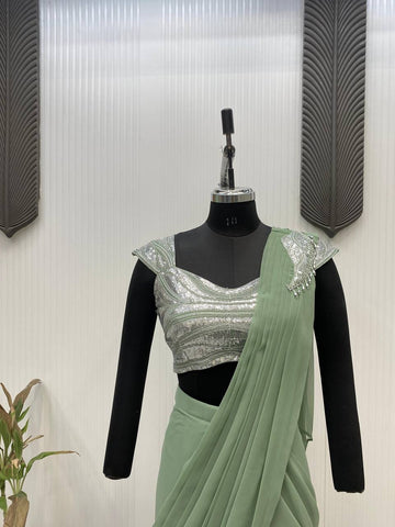 Festive Wear Green Color Sequence Embroidery Work Beautiful Ready To Wear Saree