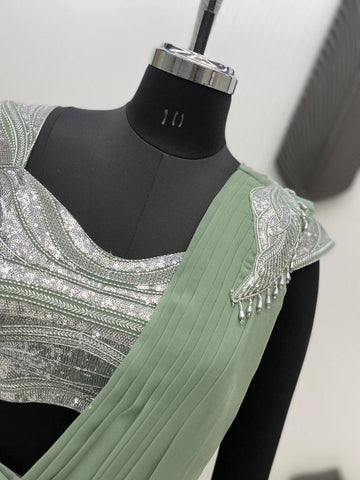 Festive Wear Green Color Sequence Embroidery Work Beautiful Ready To Wear Saree