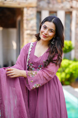 Party Wear Lavender Color Embroidery Work Beautiful Anarkali Suit