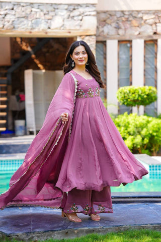 Party Wear Lavender Color Embroidery Work Beautiful Anarkali Suit