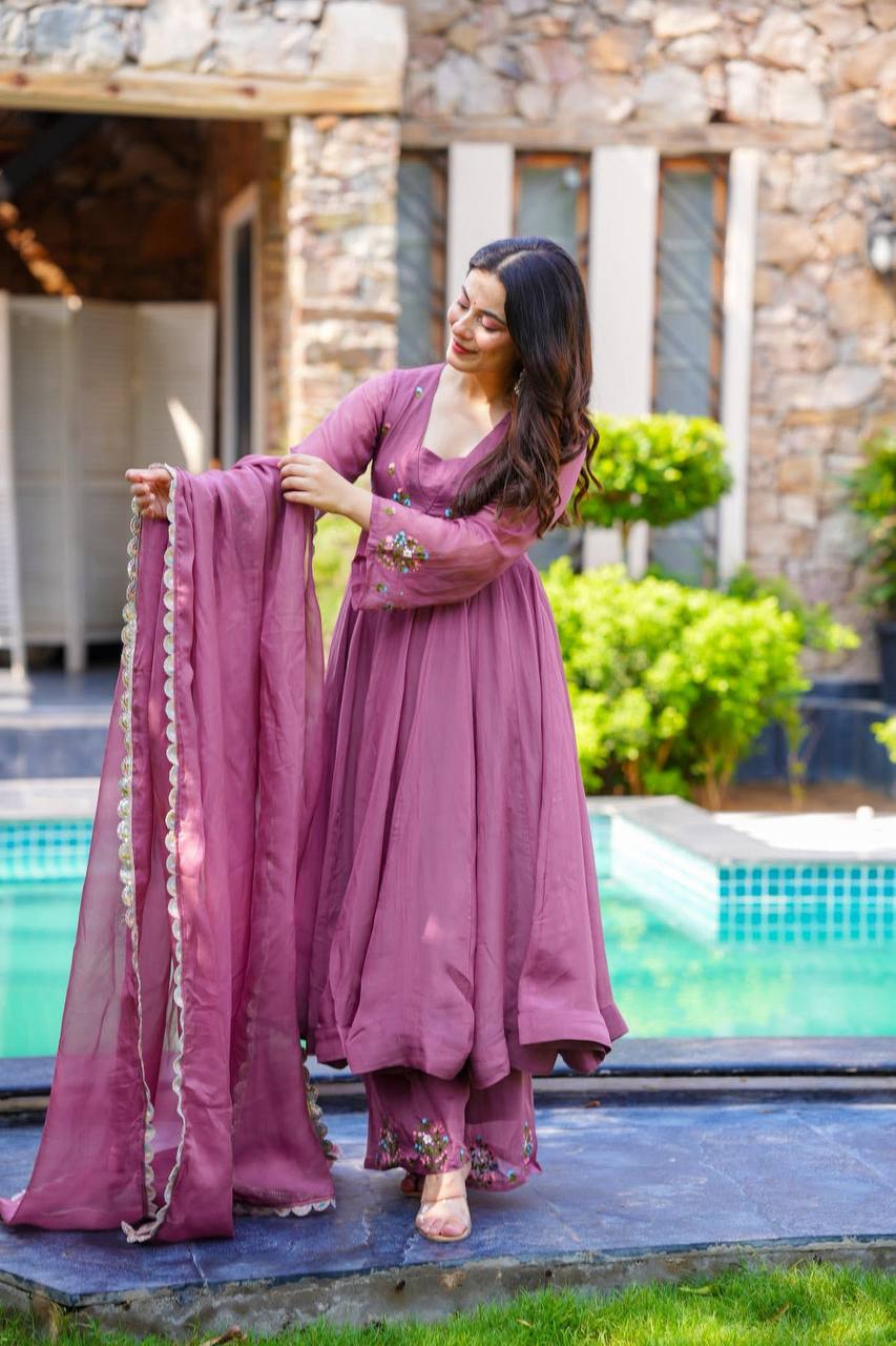 Party Wear Lavender Color Embroidery Work Beautiful Anarkali Suit