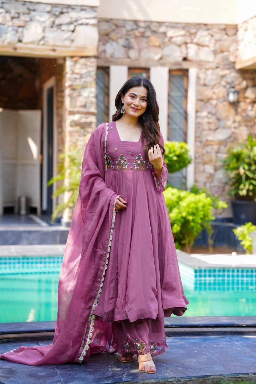 Party Wear Lavender Color Embroidery Work Beautiful Anarkali Suit