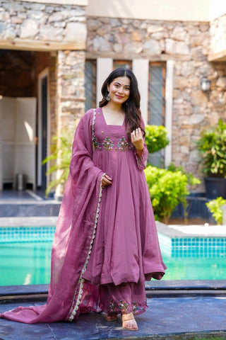 Party Wear Lavender Color Embroidery Work Beautiful Anarkali Suit