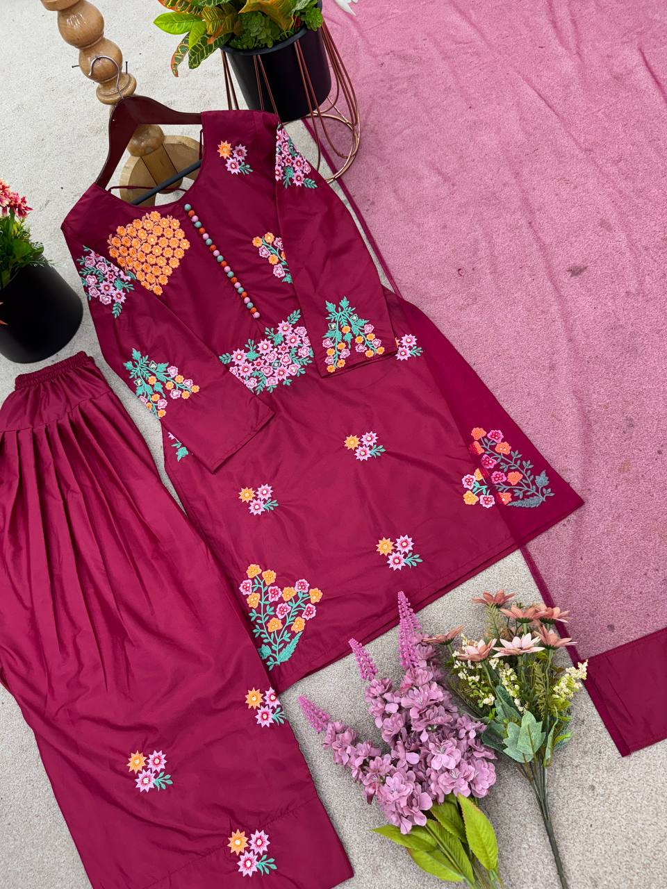Beauitful Pink Color Pure Embroidery Sequence Work Palazzo Suit