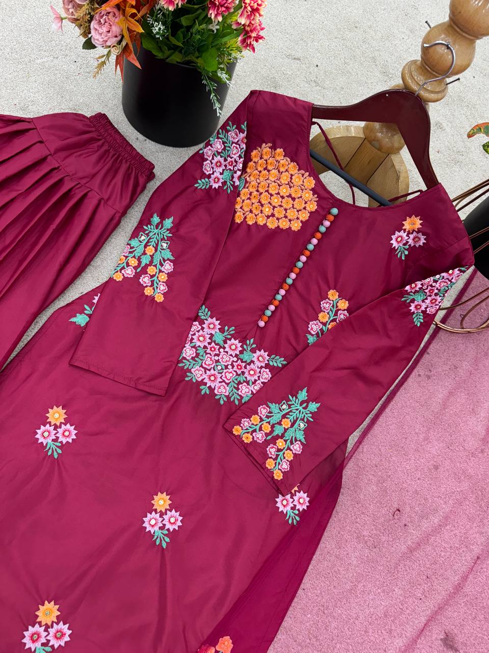 Beauitful Pink Color Pure Embroidery Sequence Work Palazzo Suit
