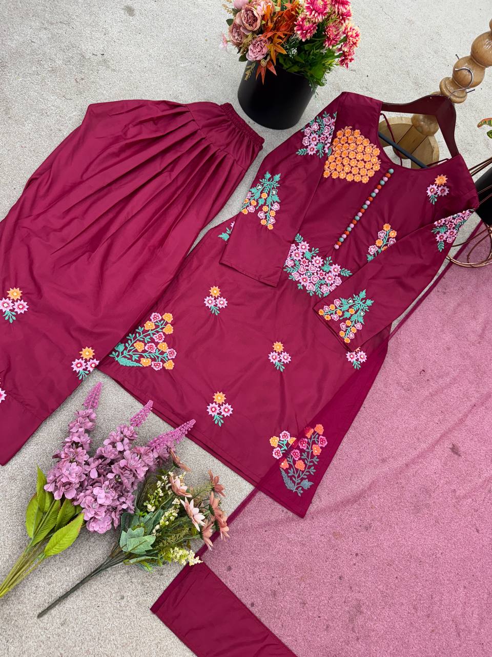 Beauitful Pink Color Pure Embroidery Sequence Work Palazzo Suit