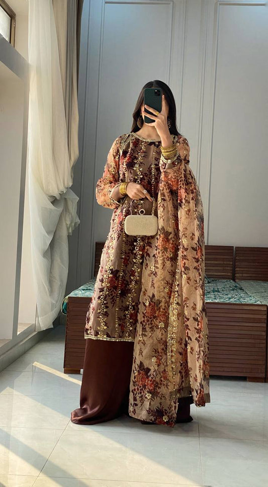 Party Wear Brown Color Embroidery With Sequence Work Digital Print Work Palazzo Suit