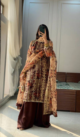 Party Wear Brown Color Embroidery With Sequence Work Digital Print Work Palazzo Suit
